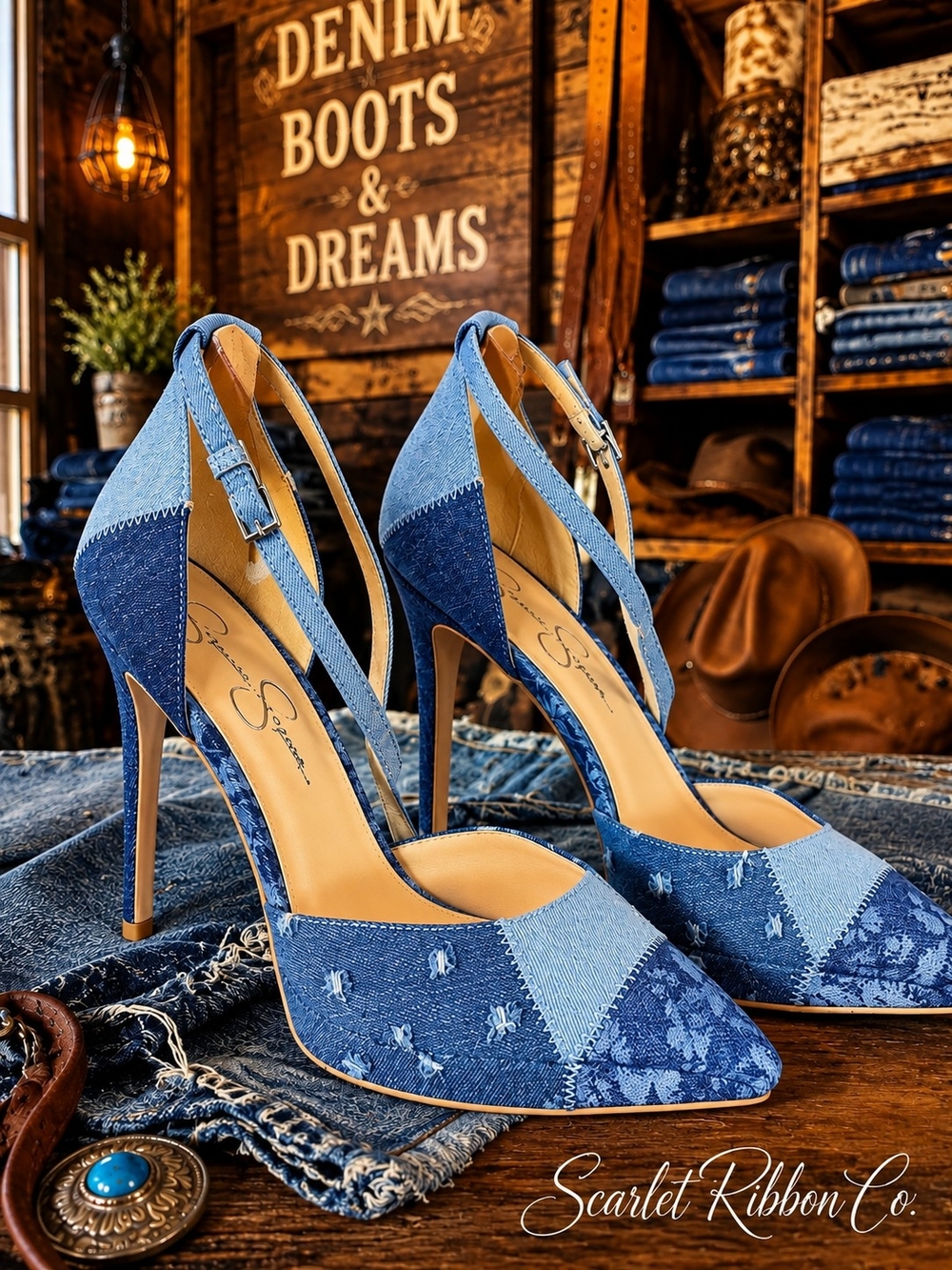 ​✨ Jessica Simpson Patchwork Denim Pointed-Toe Ankle-Strap Pumps